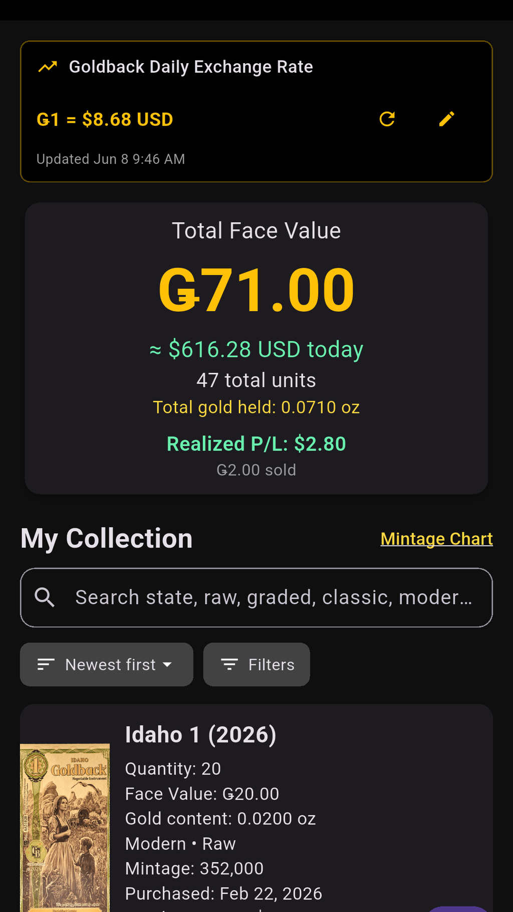 Goldback Tracker home screen showing your collection summary