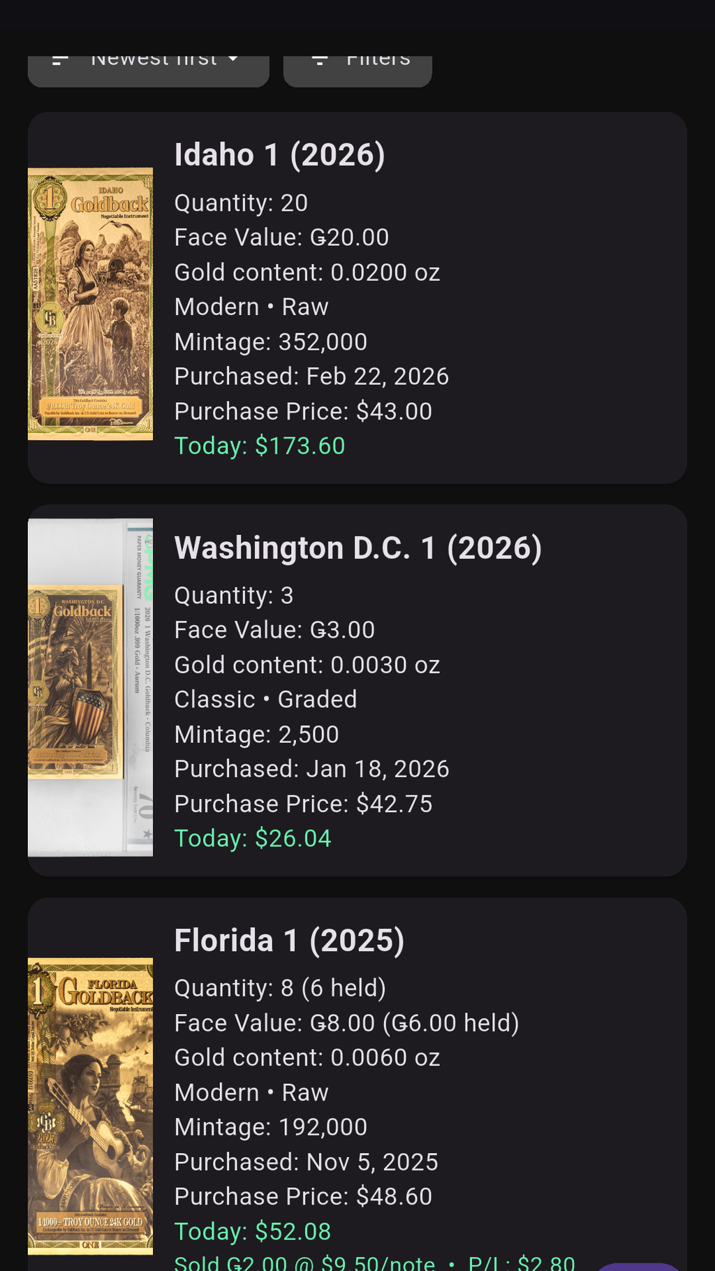 Goldback Tracker collection list with live USD values