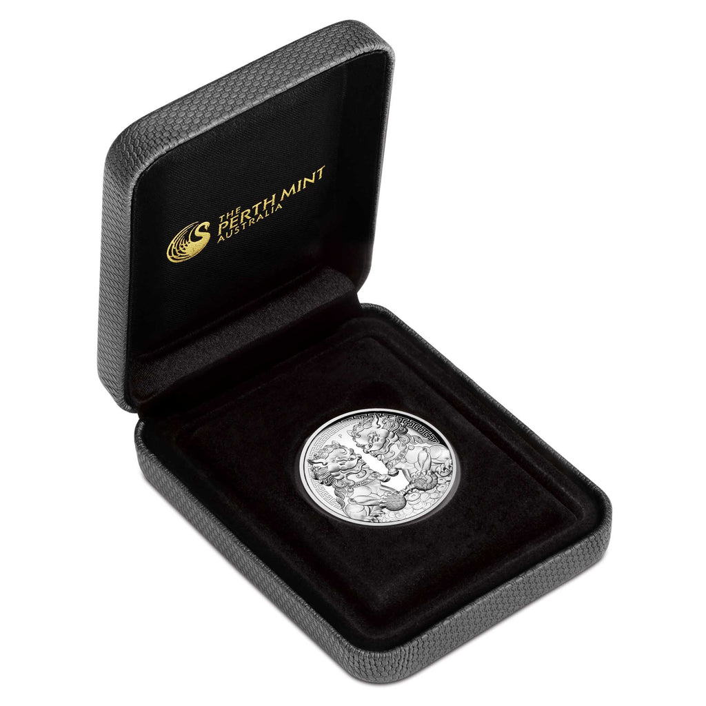 Double Pixiu 2020 2oz Silver Proof High Relief Coin in display case with themed shipper
