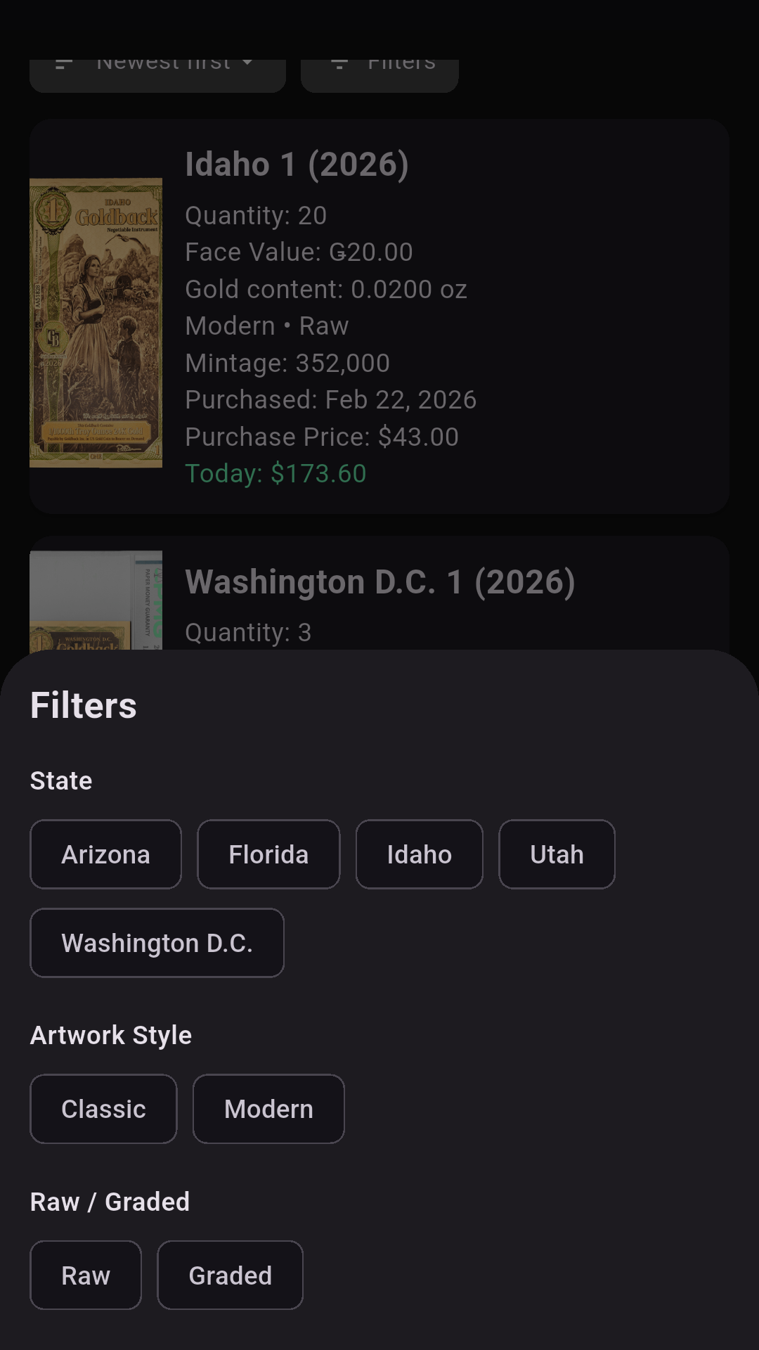 Filter and sort your collection by state, style, and more