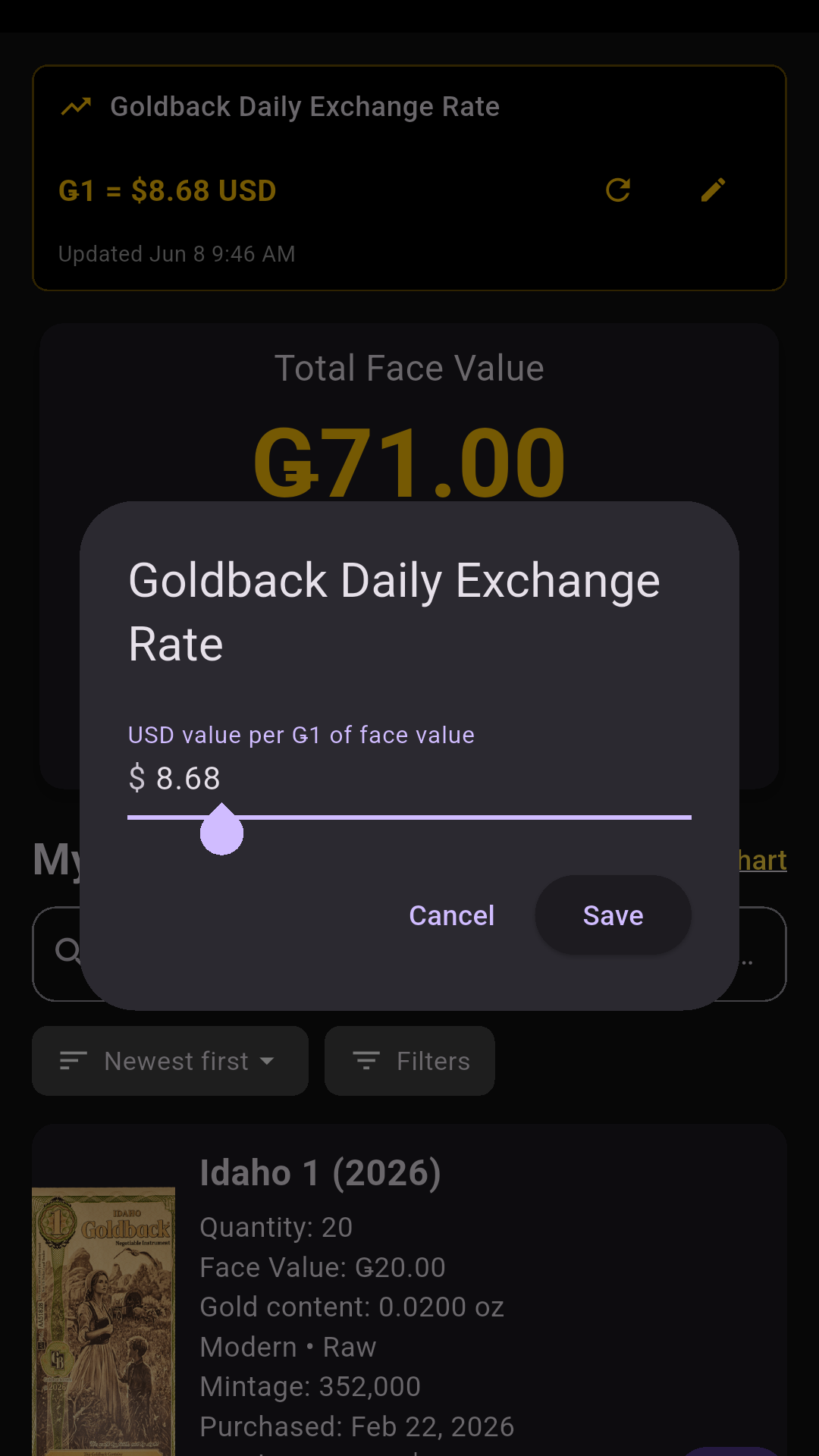 Live Goldback exchange rate with manual override support