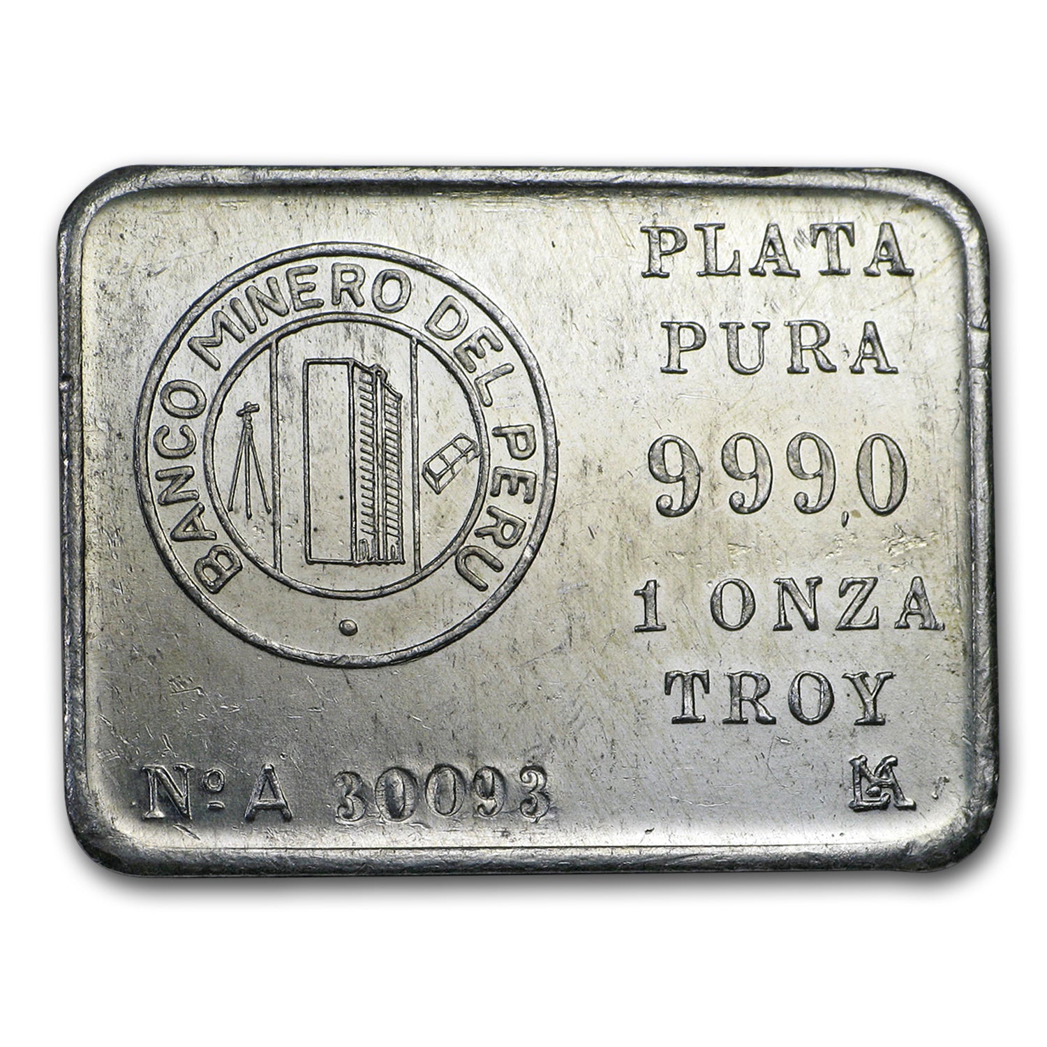 1 oz Silver Bar - Banco Minero Del Peru obverse with building and serial