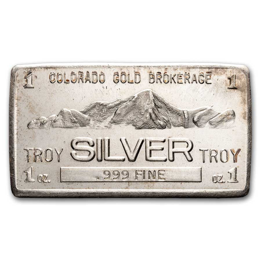 1 oz Silver Bar - Vintage Colorado Gold Brokerage obverse with mountains