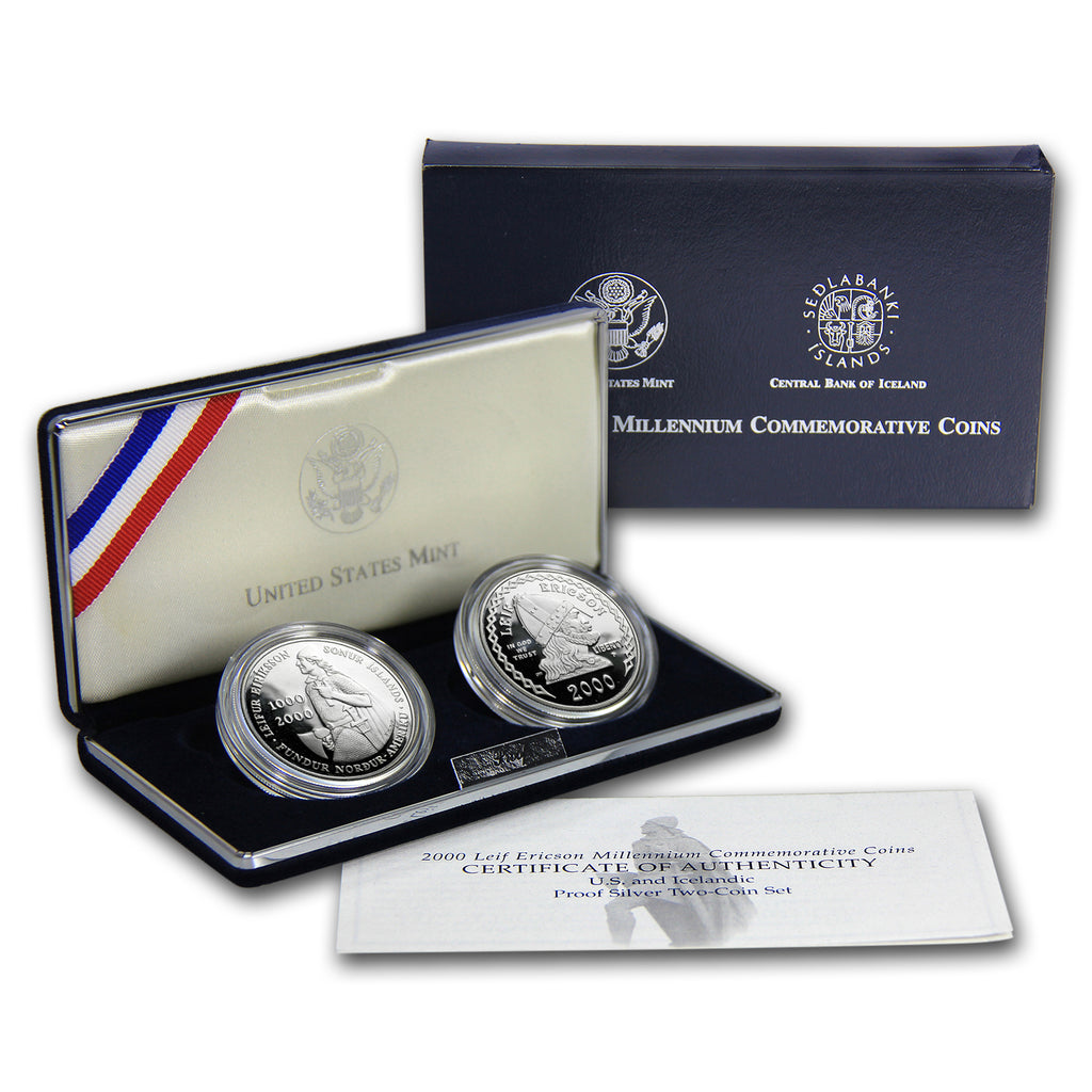 2000-P 2-Coin Leif Ericson Proof Set with Iceland Kronur Box and COA