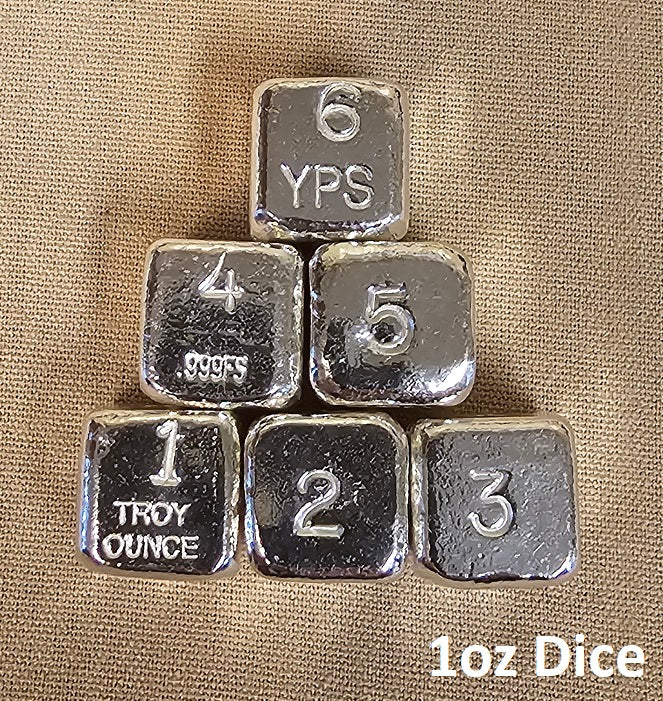 Yeagers Poured Silver Dice 1oz Shiny another angle
