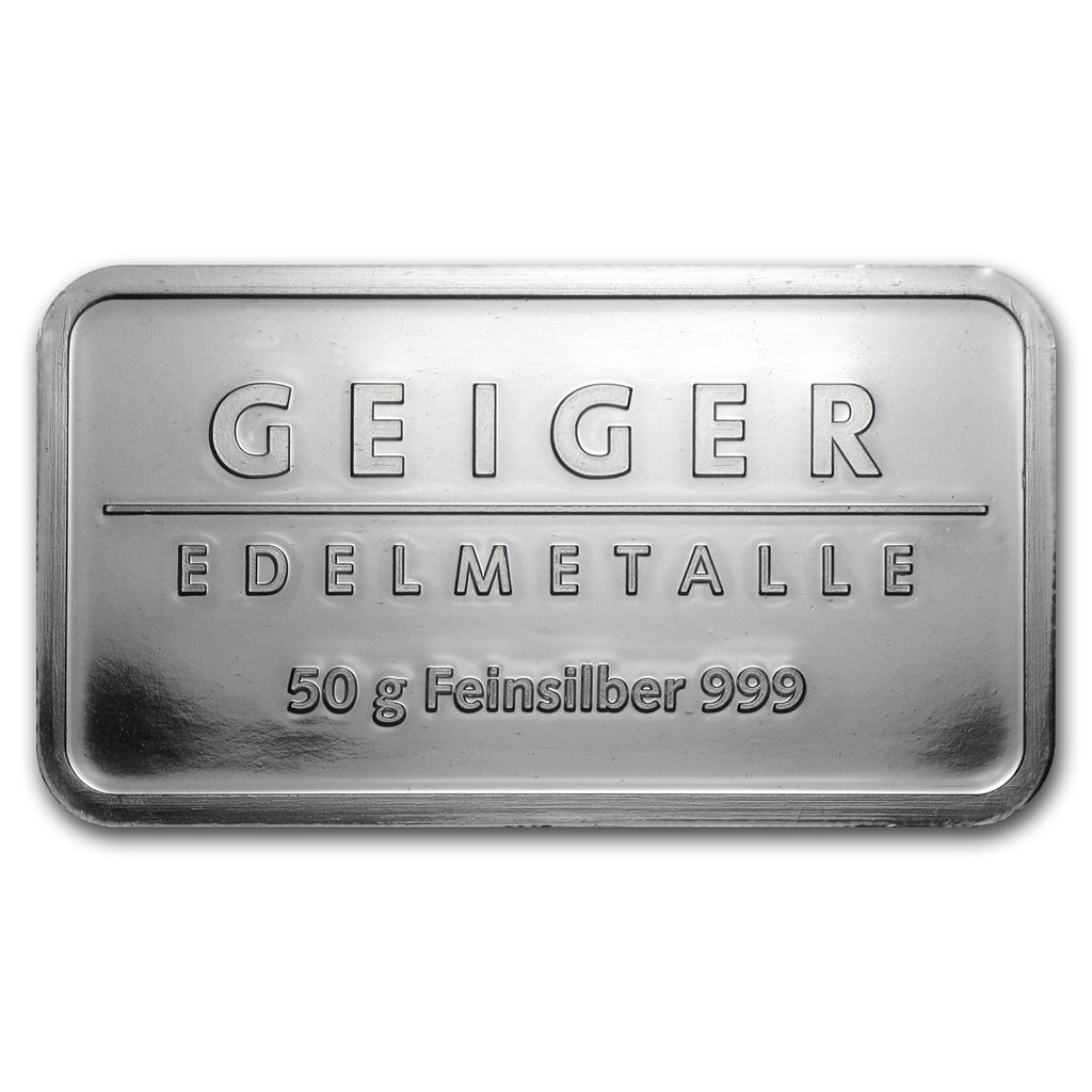50 gram Silver Bar - Geiger Edelmetalle obverse with castle