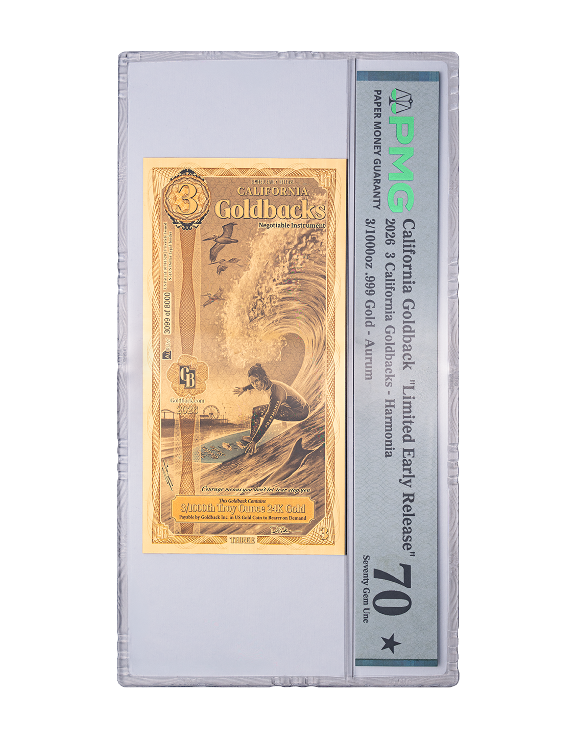 Limited Early Release (LER) California 3 Goldback Graded, 3/1000 troy ounce 24k gold