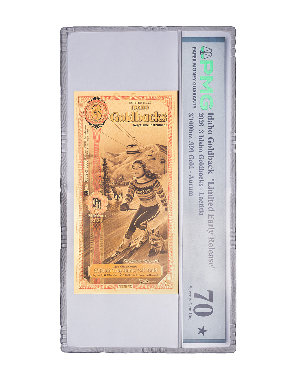 Limited Early Release (LER) Idaho 3 Goldback, 3/1000 troy ounce 24k gold