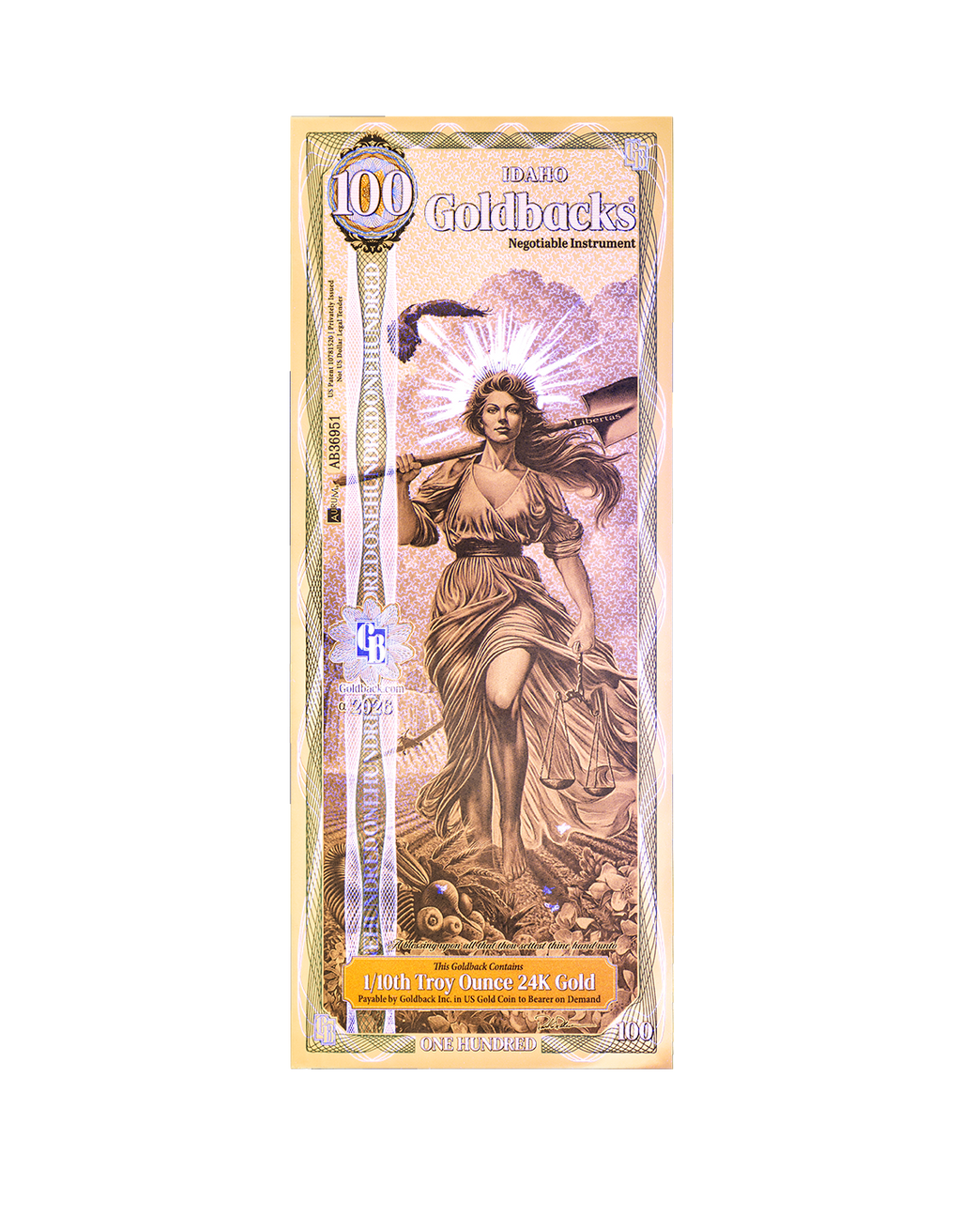 Idaho 100 Goldback, 1/10 troy ounce 24k gold