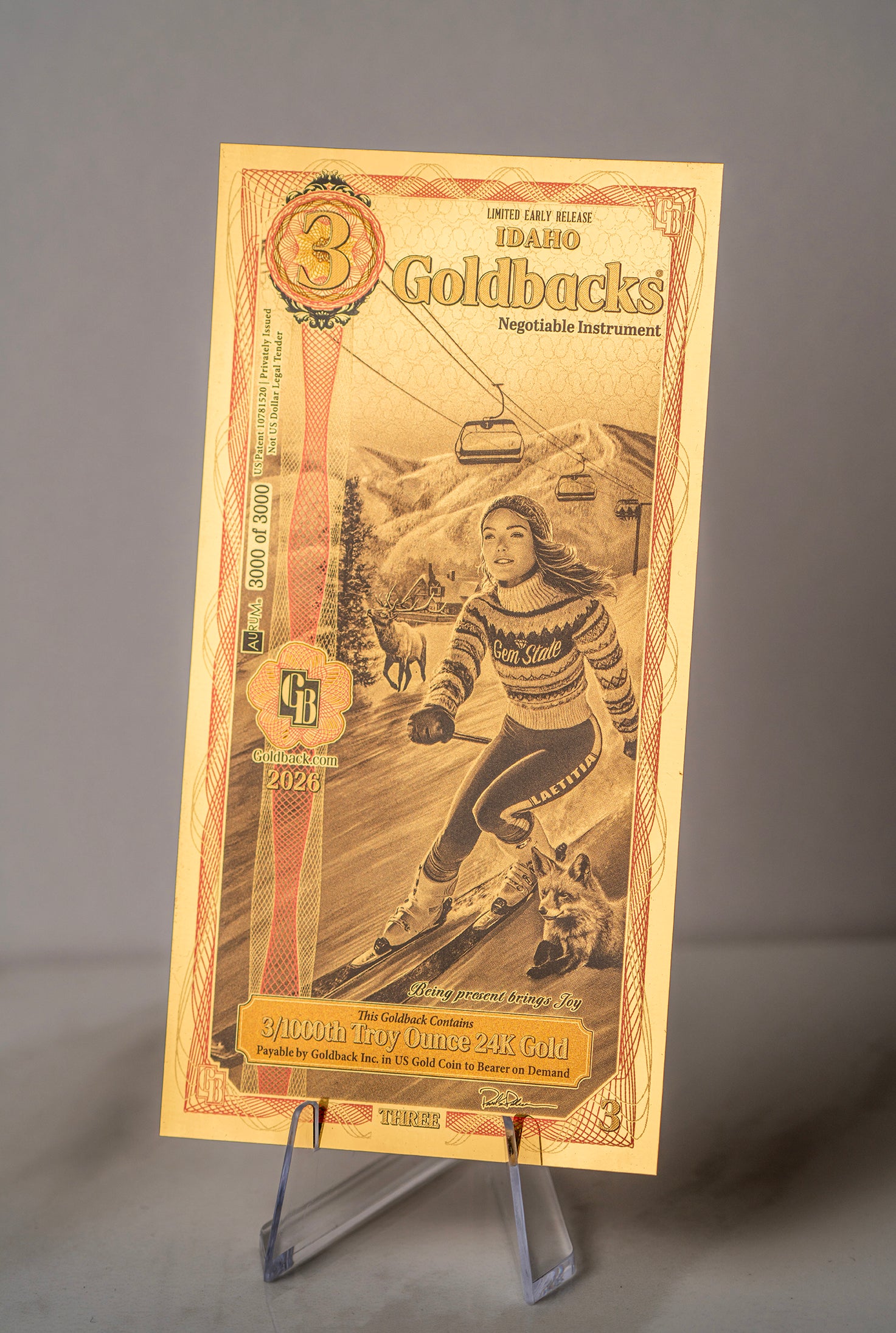 Limited Early Release (LER) Idaho 3 Goldback, 3/1000 troy ounce 24k gold