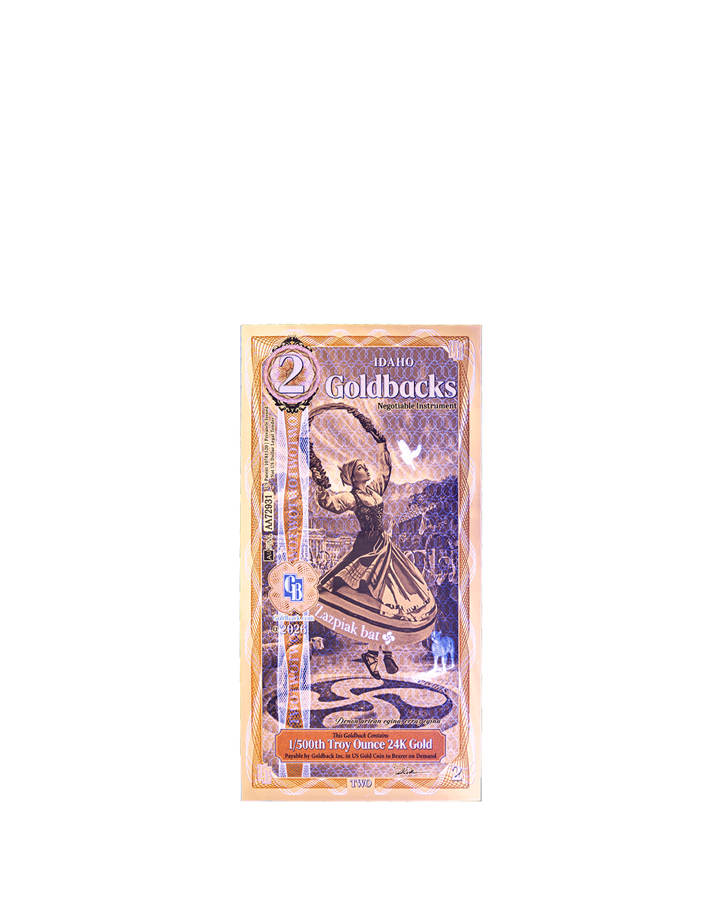 Idaho 2 Goldback, 1/500 troy ounce 24k gold