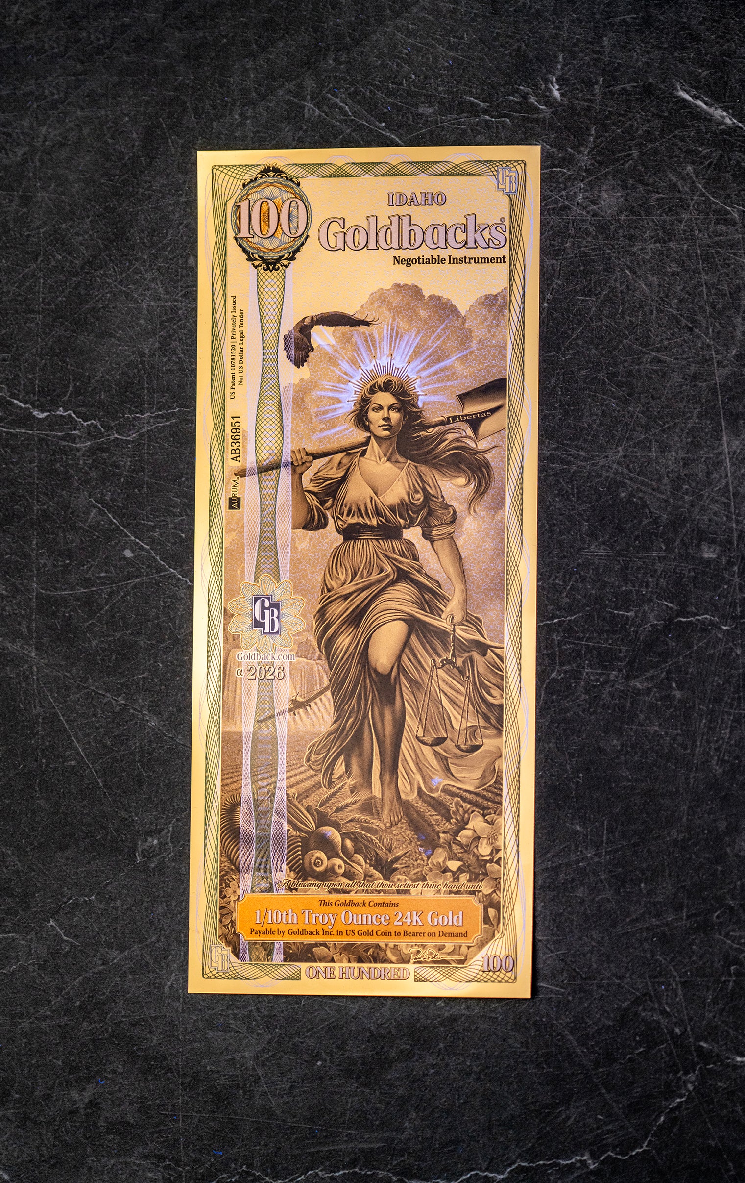 Idaho 100 Goldback, 1/10 troy ounce 24k gold
