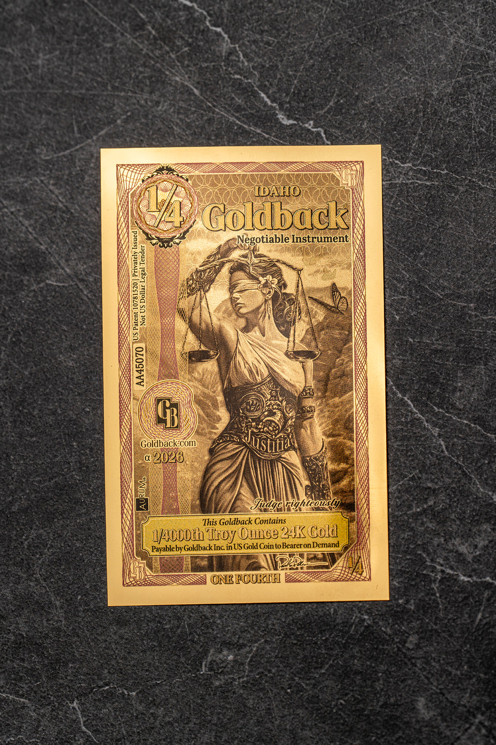 Idaho 1/4 Goldback, 1/4000 troy ounce 24k gold