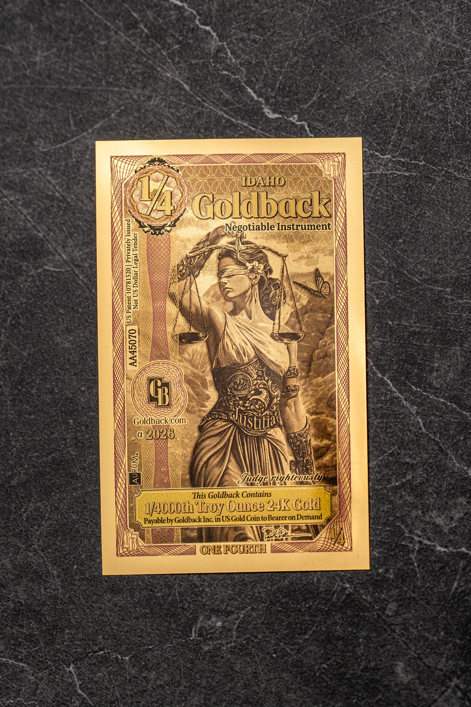 Idaho 1/4 Goldback, 1/4000 troy ounce 24k gold