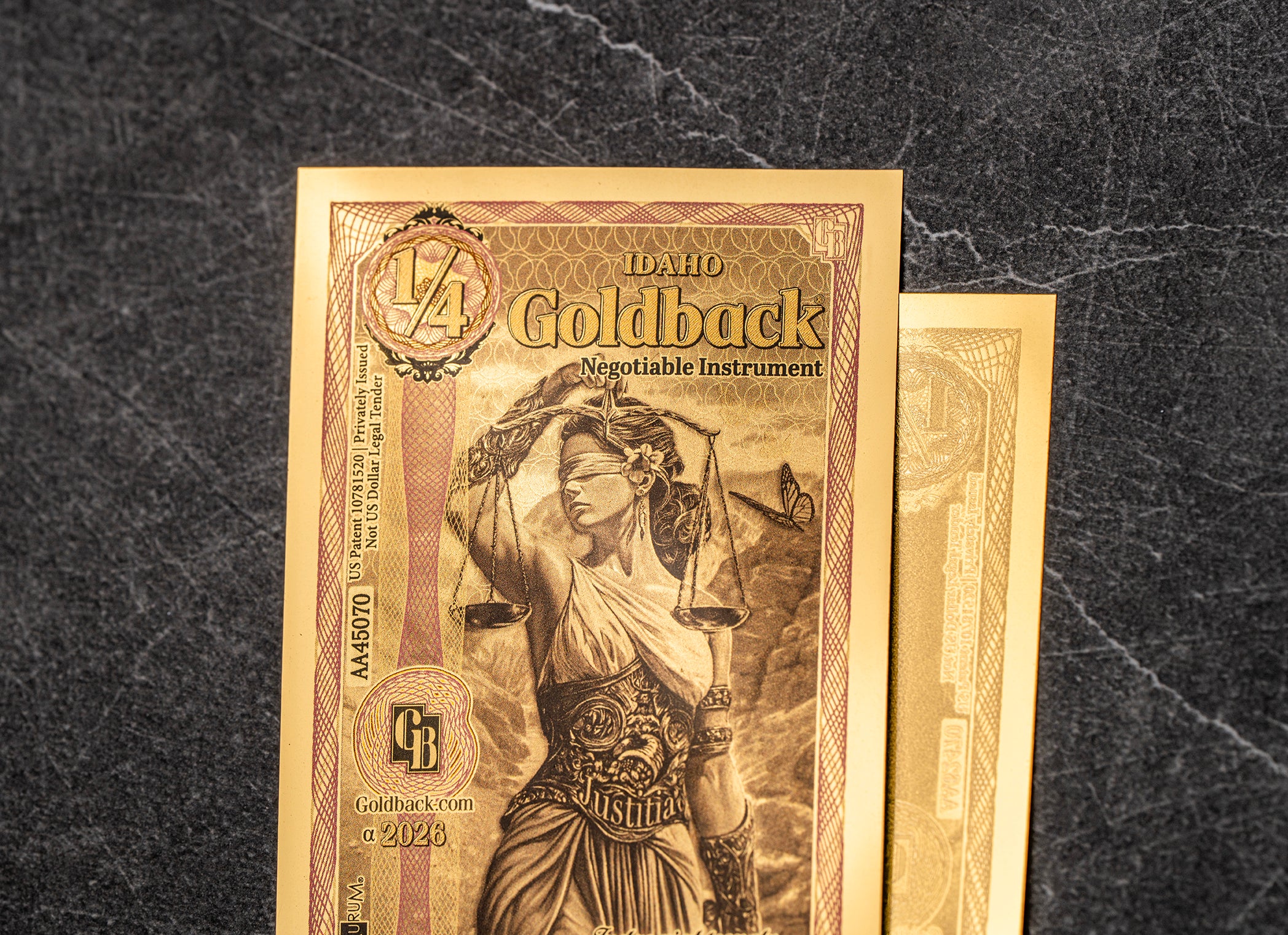 Idaho 1/4 Goldback, 1/4000 troy ounce 24k gold (100 units, 25 face value)