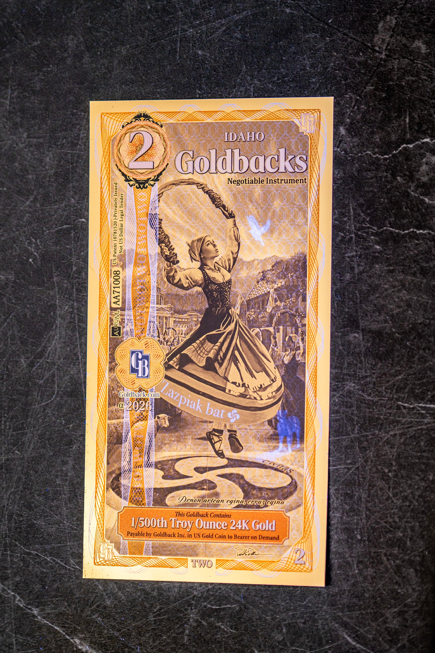 Idaho 2 Goldback, 1/500 troy ounce 24k gold