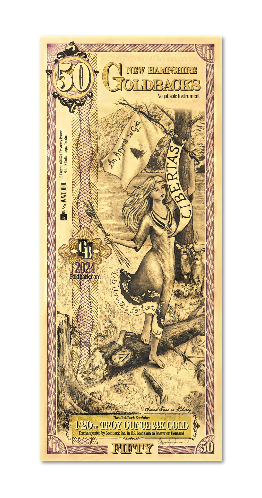 New Hampshire 50 Goldback (Classic Artwork), 1/20 troy ounce 24k gold