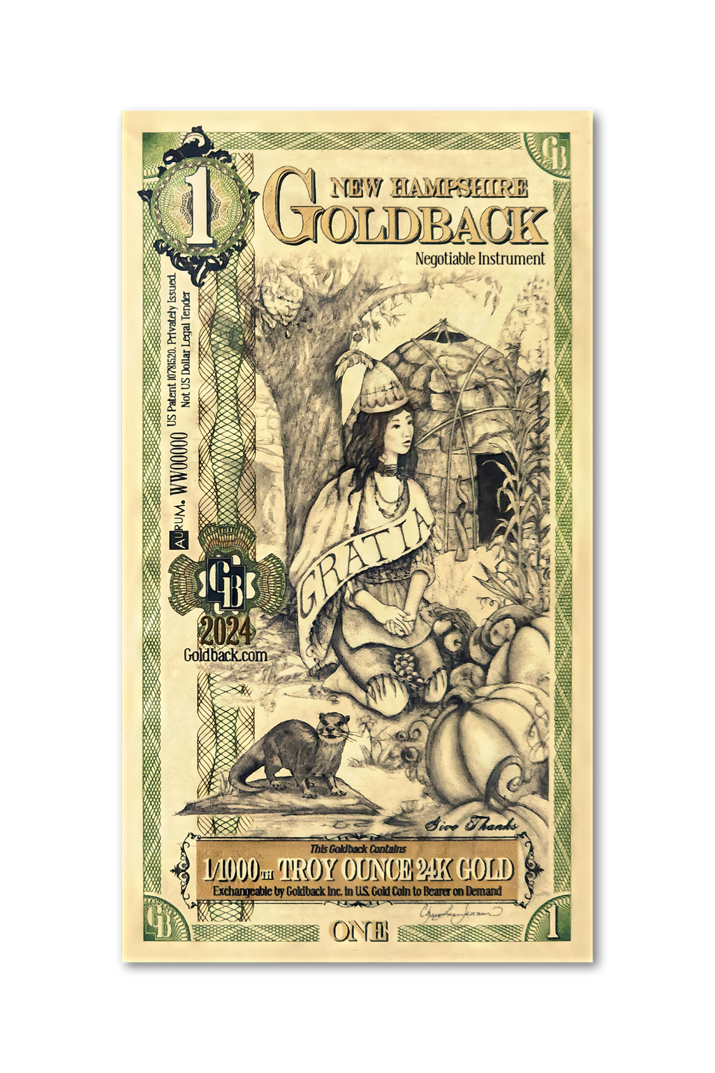 New Hampshire 1 Goldback (Classic Artwork), 1/1000 troy ounce 24k gold