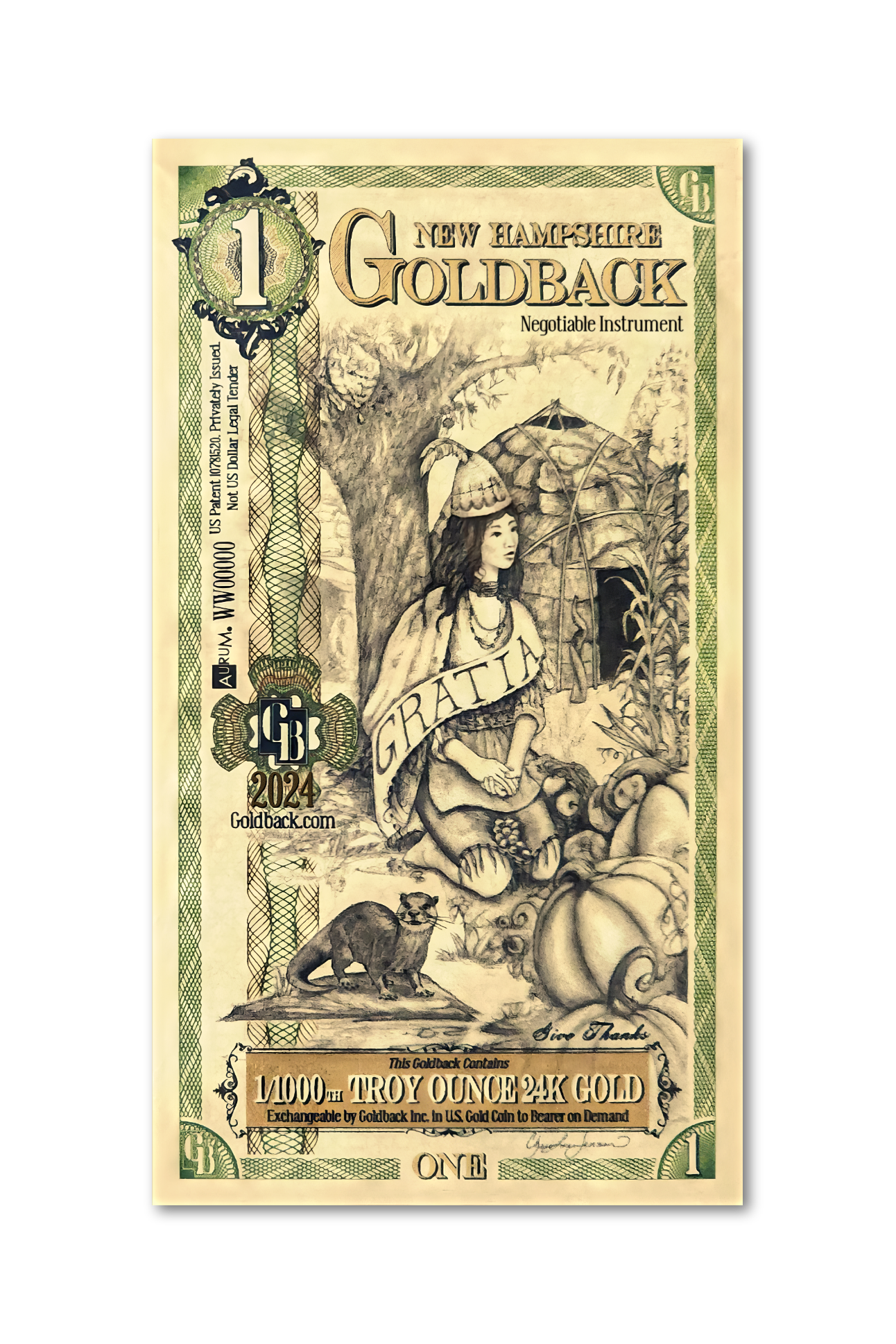 New Hampshire 1 Goldback (Classic Artwork), 1/1000 troy ounce 24k gold