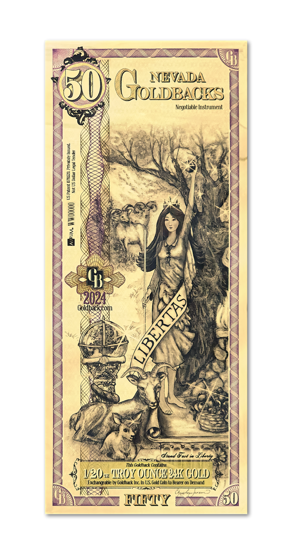 Nevada 50 Goldback (Classic Artwork), 1/20 troy ounce 24k gold