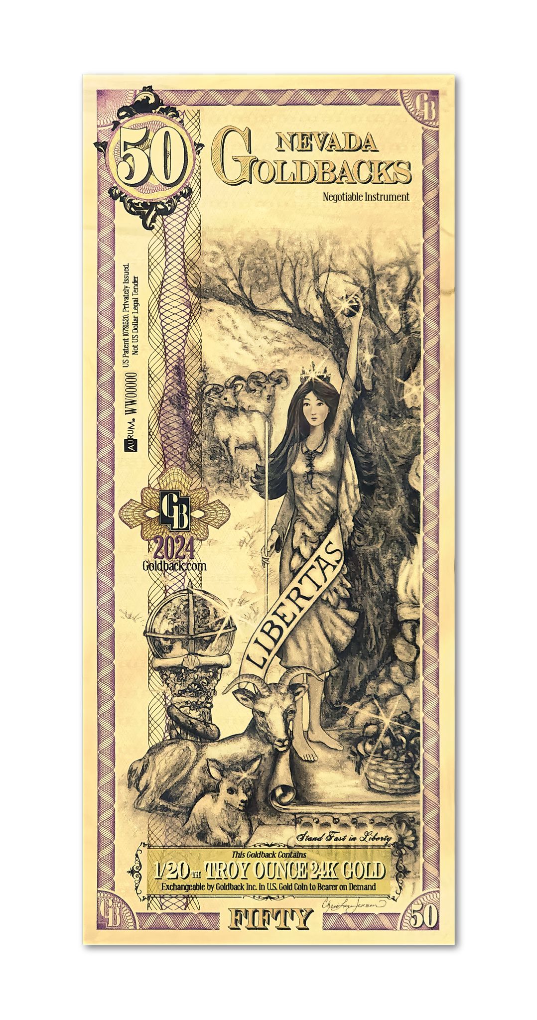 Nevada 50 Goldback (Classic Artwork), 1/20 troy ounce 24k gold