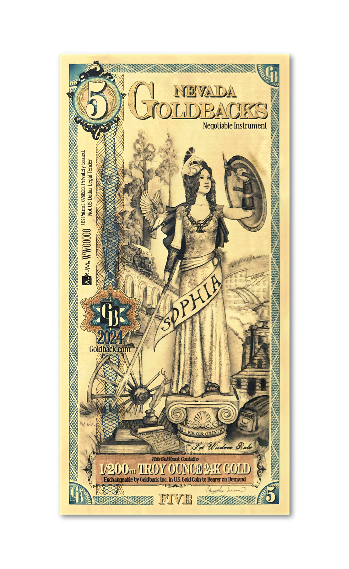 Nevada 5 Goldback (Classic Artwork), 1/200 troy ounce 24k gold