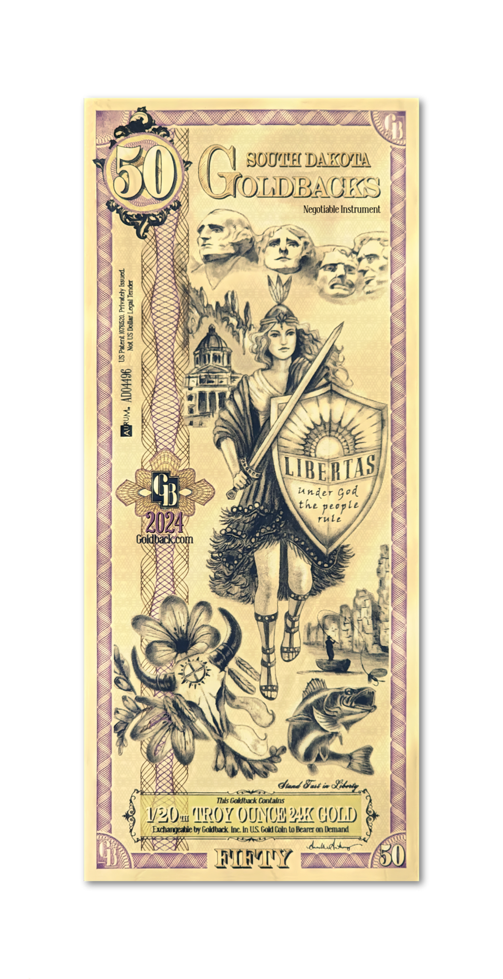 South Dakota 50 Goldback (Classic Artwork), 1/20 troy ounce 24k gold