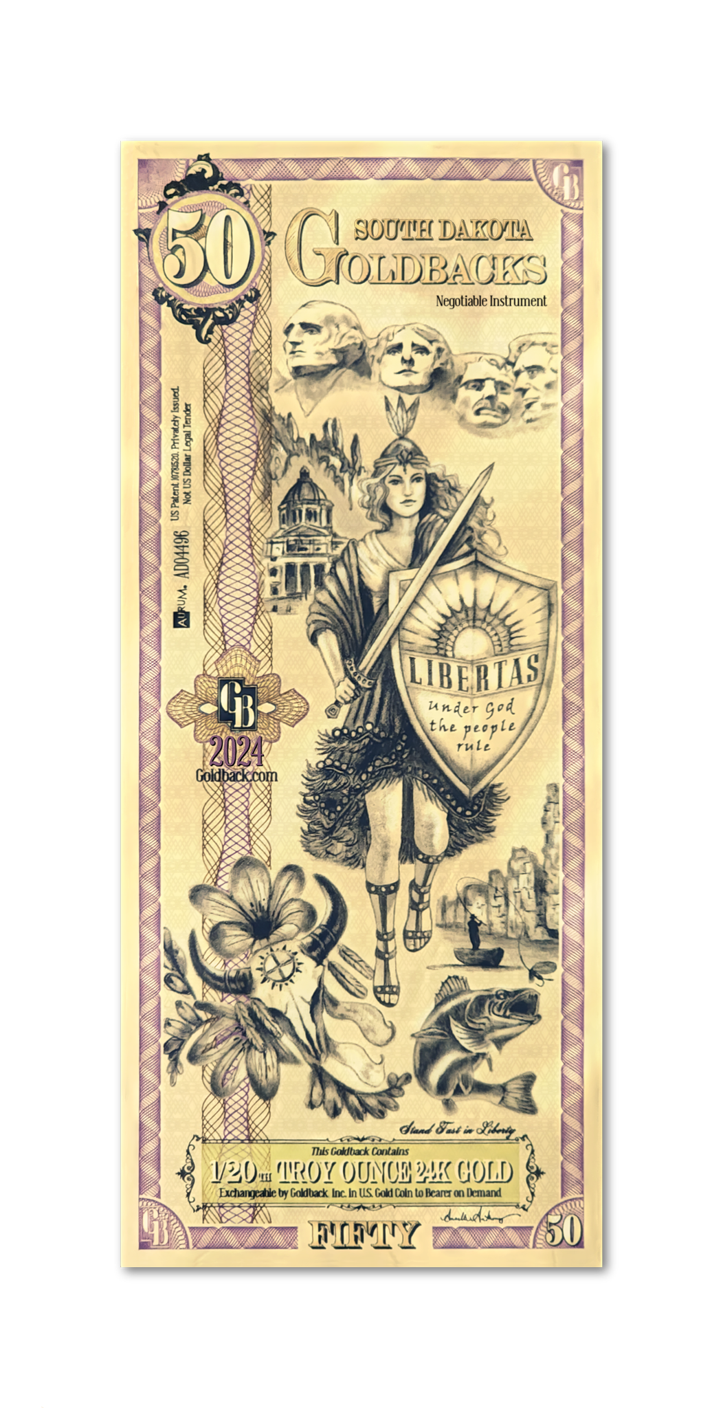 South Dakota 50 Goldback (Classic Artwork), 1/20 troy ounce 24k gold