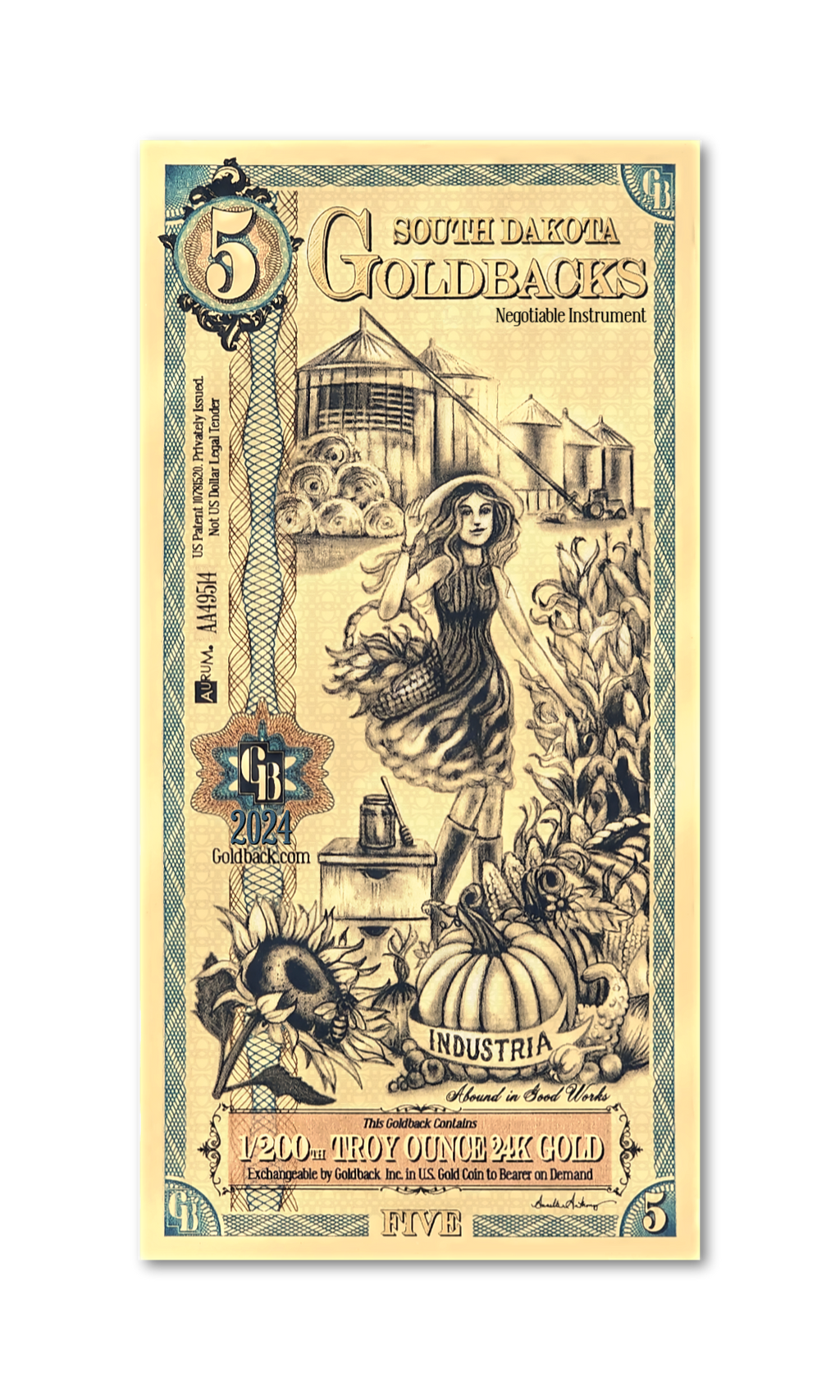 South Dakota 5 Goldback (Classic Artwork), 1/200 troy ounce 24k gold