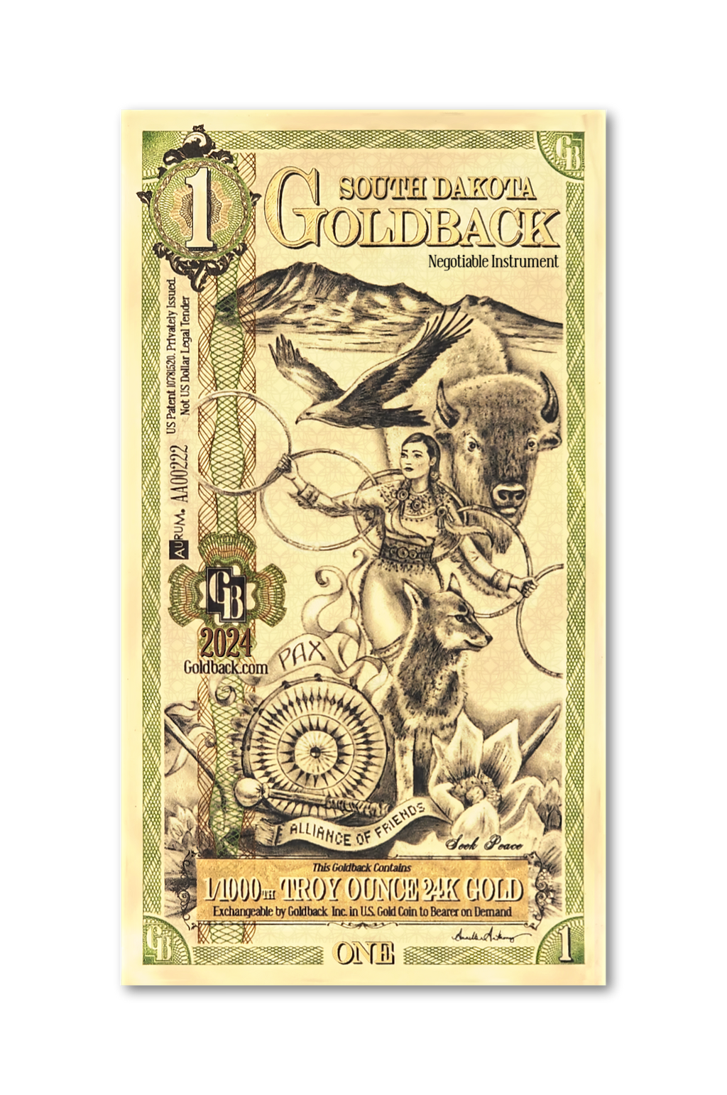 South Dakota 1 Goldback (Classic Artwork), 1/1000 troy ounce 24k gold