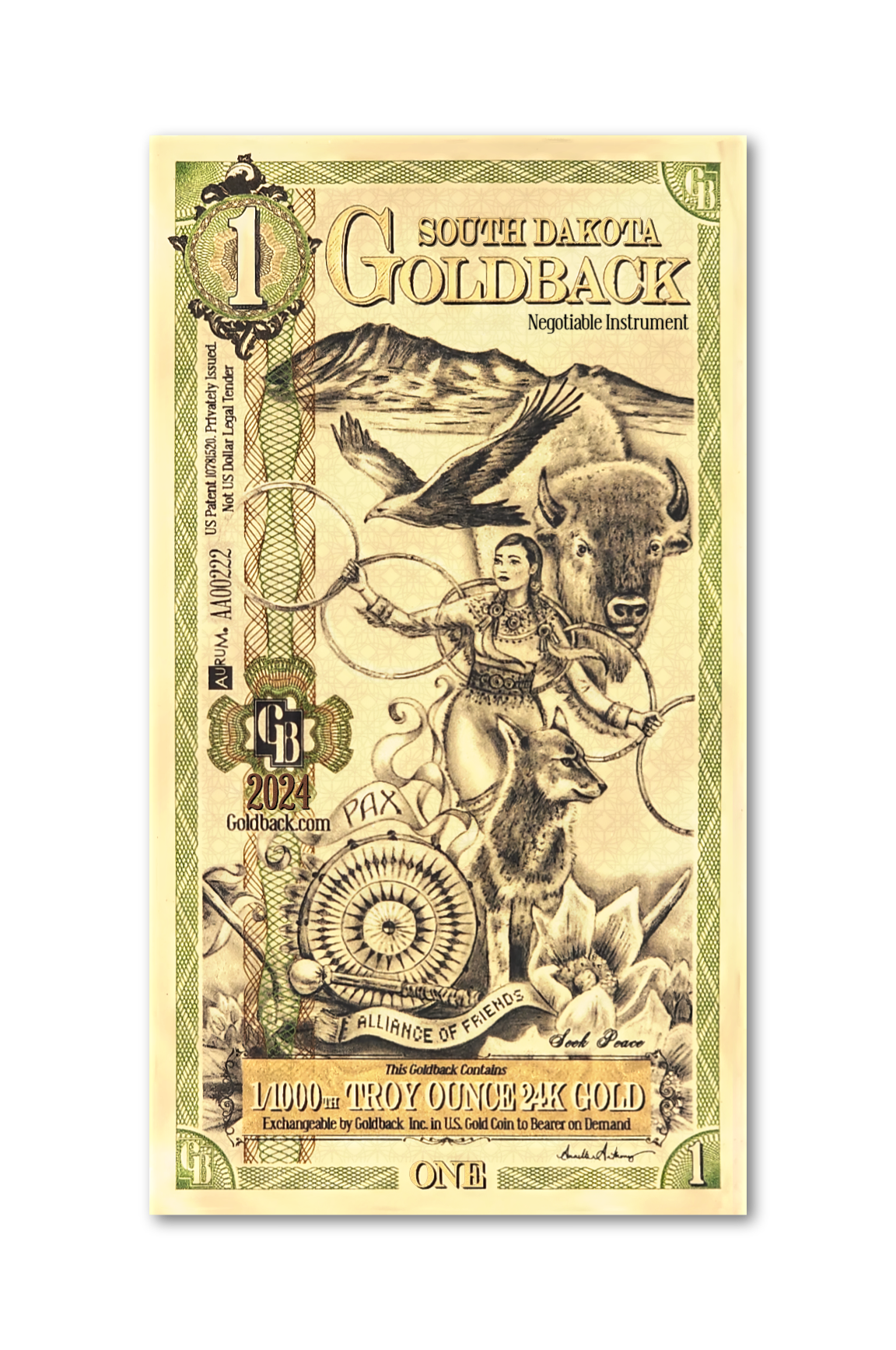 South Dakota 1 Goldback (Classic Artwork), 1/1000 troy ounce 24k gold