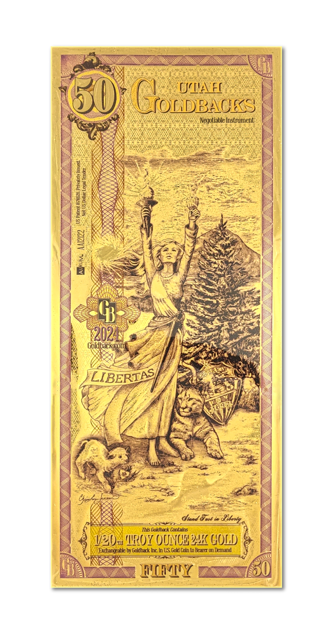 Utah 50 Goldback (Classic Artwork), 1/20 troy ounce 24k gold
