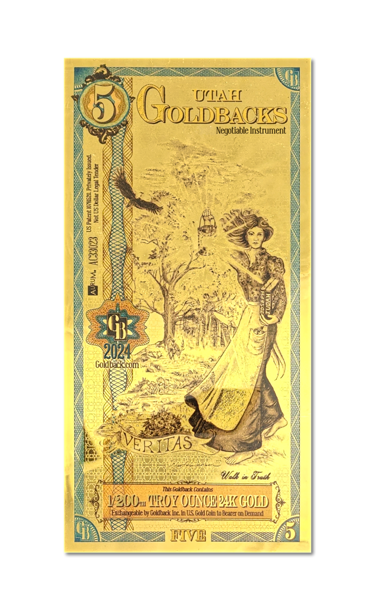 Utah 5 Goldback (Classic Artwork), 1/200 troy ounce 24k gold