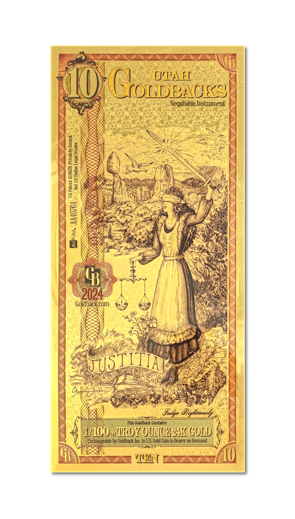 Utah 10 Goldback (Classic Artwork), 1/100 troy ounce 24k gold