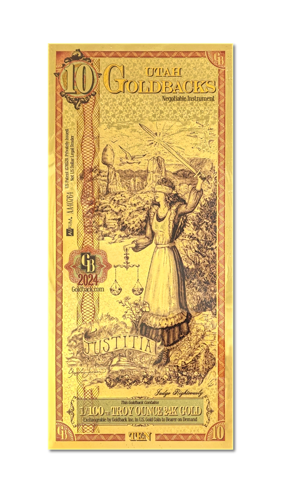 Utah 10 Goldback (Classic Artwork), 1/100 troy ounce 24k gold