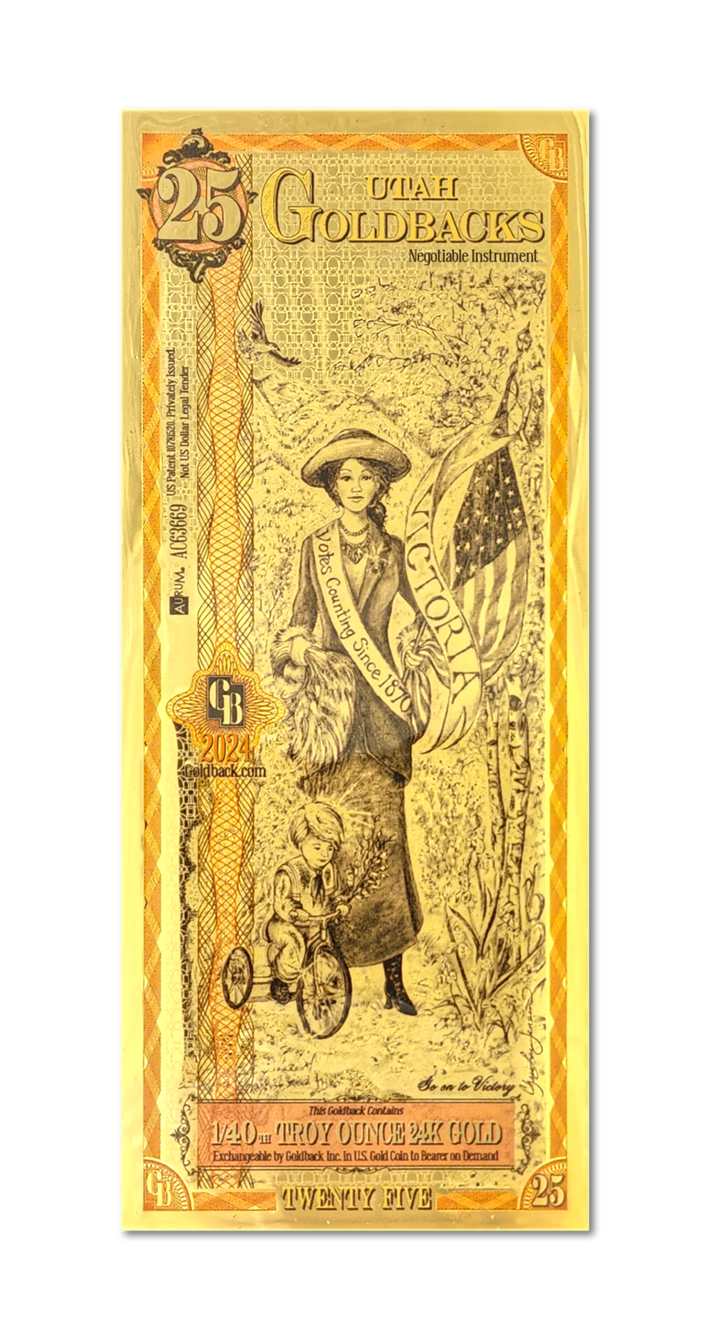 Utah 25 Goldback (Classic Artwork), 1/40 troy ounce 24k gold