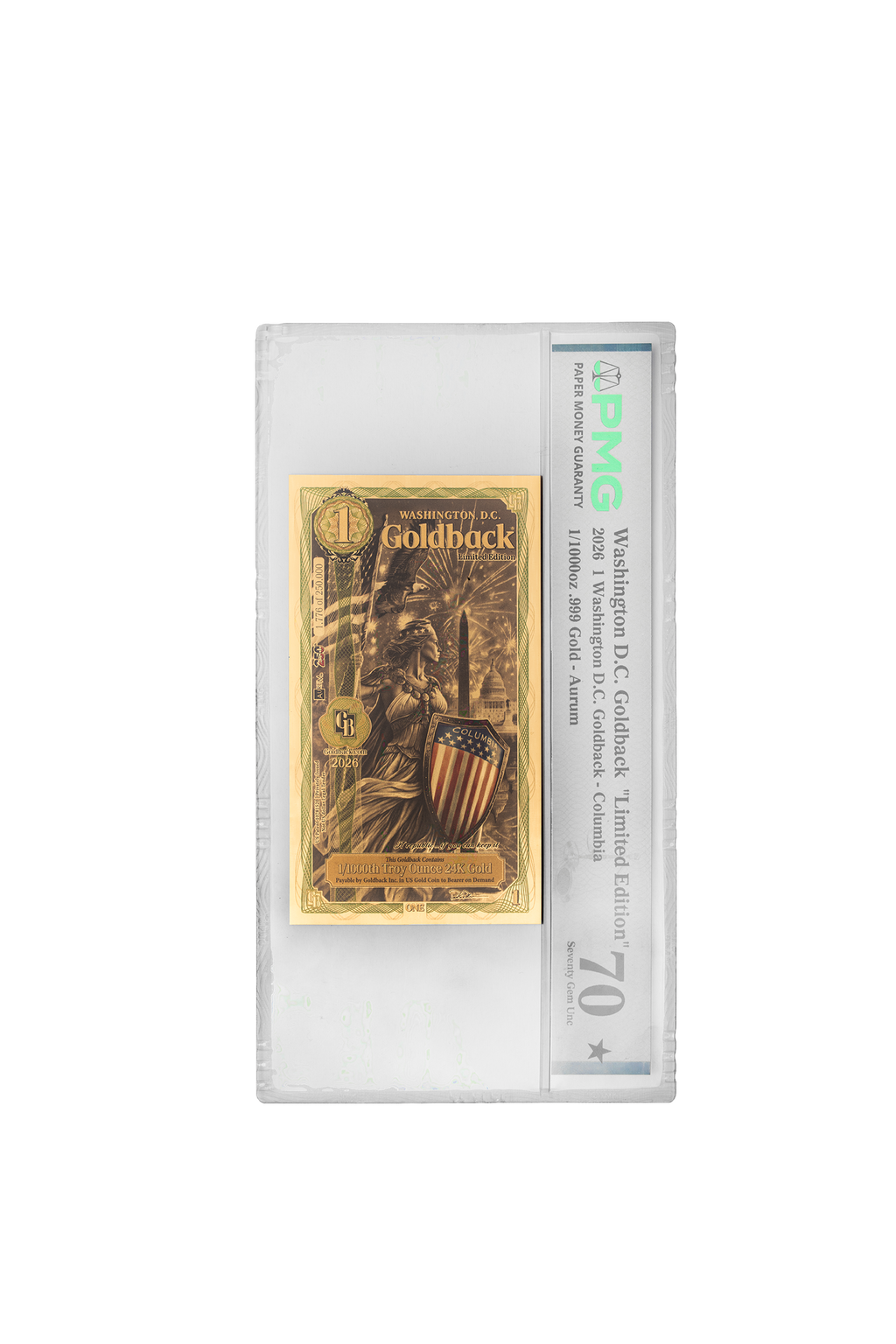 Washington, D.C. 1 Goldback Graded Colorized Edition PMG 70
