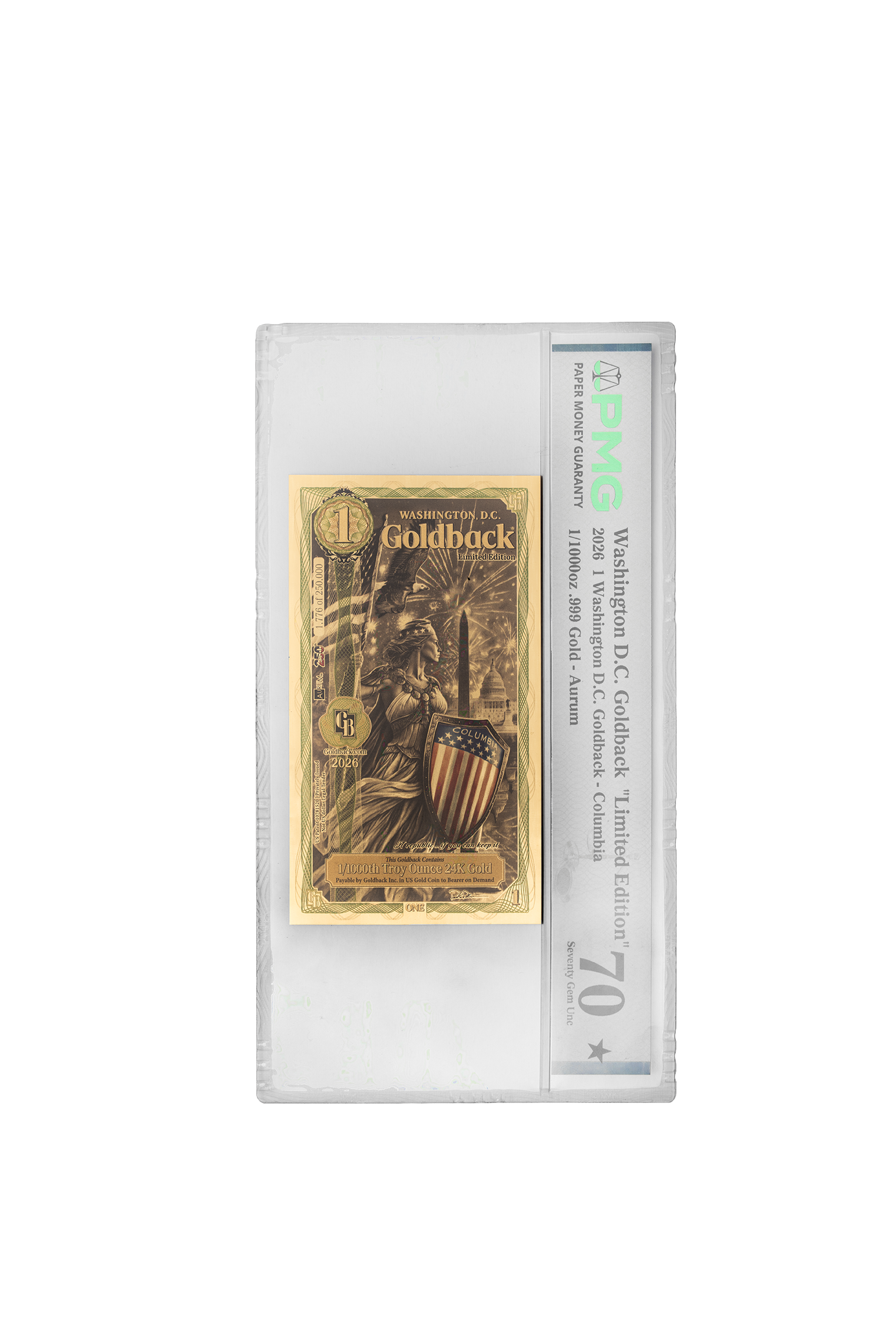 Washington, D.C. 1 Goldback Graded Colorized Edition PMG 70