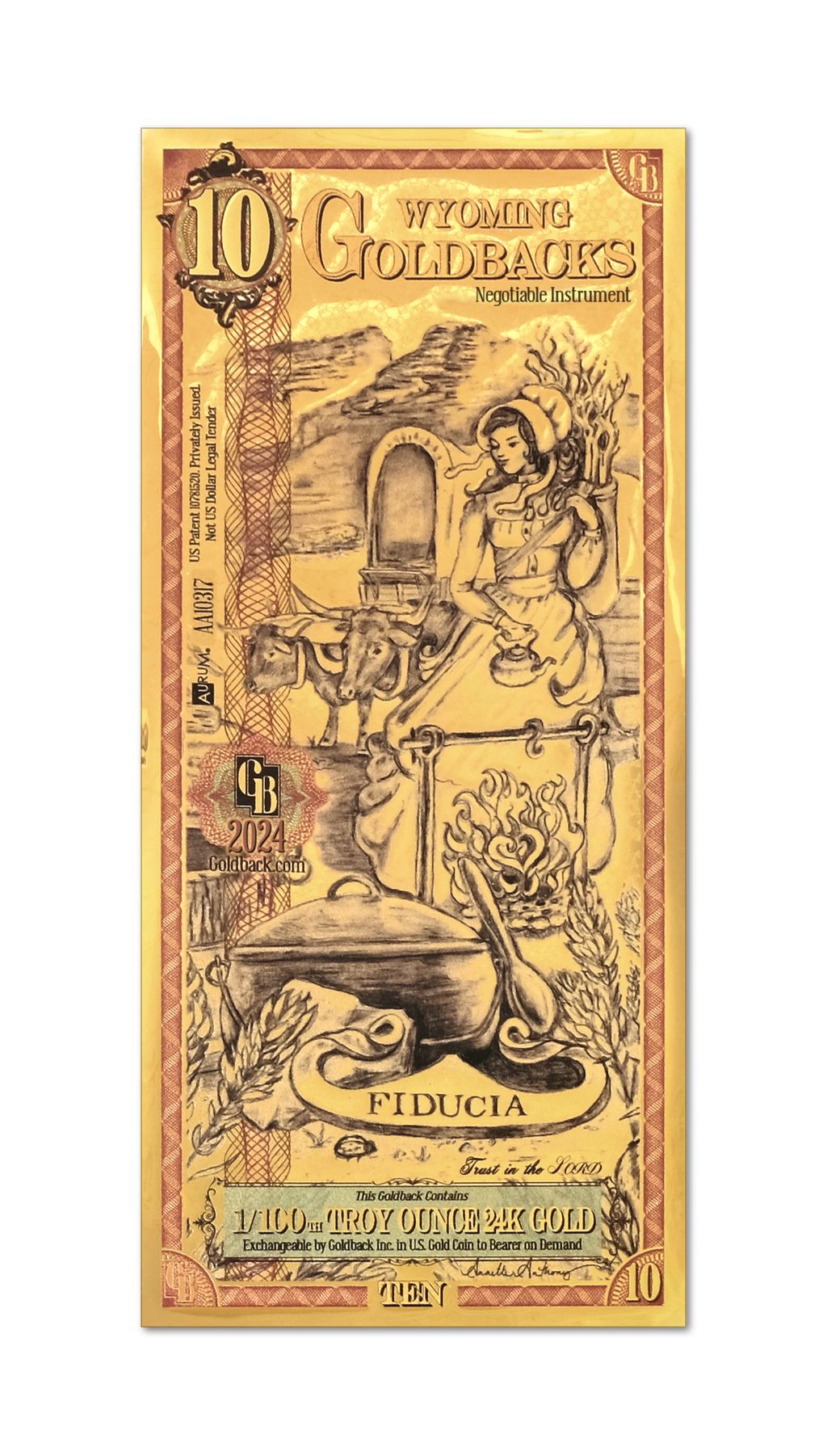 Wyoming 10 Goldback (Classic Artwork), 1/100 troy ounce 24k gold