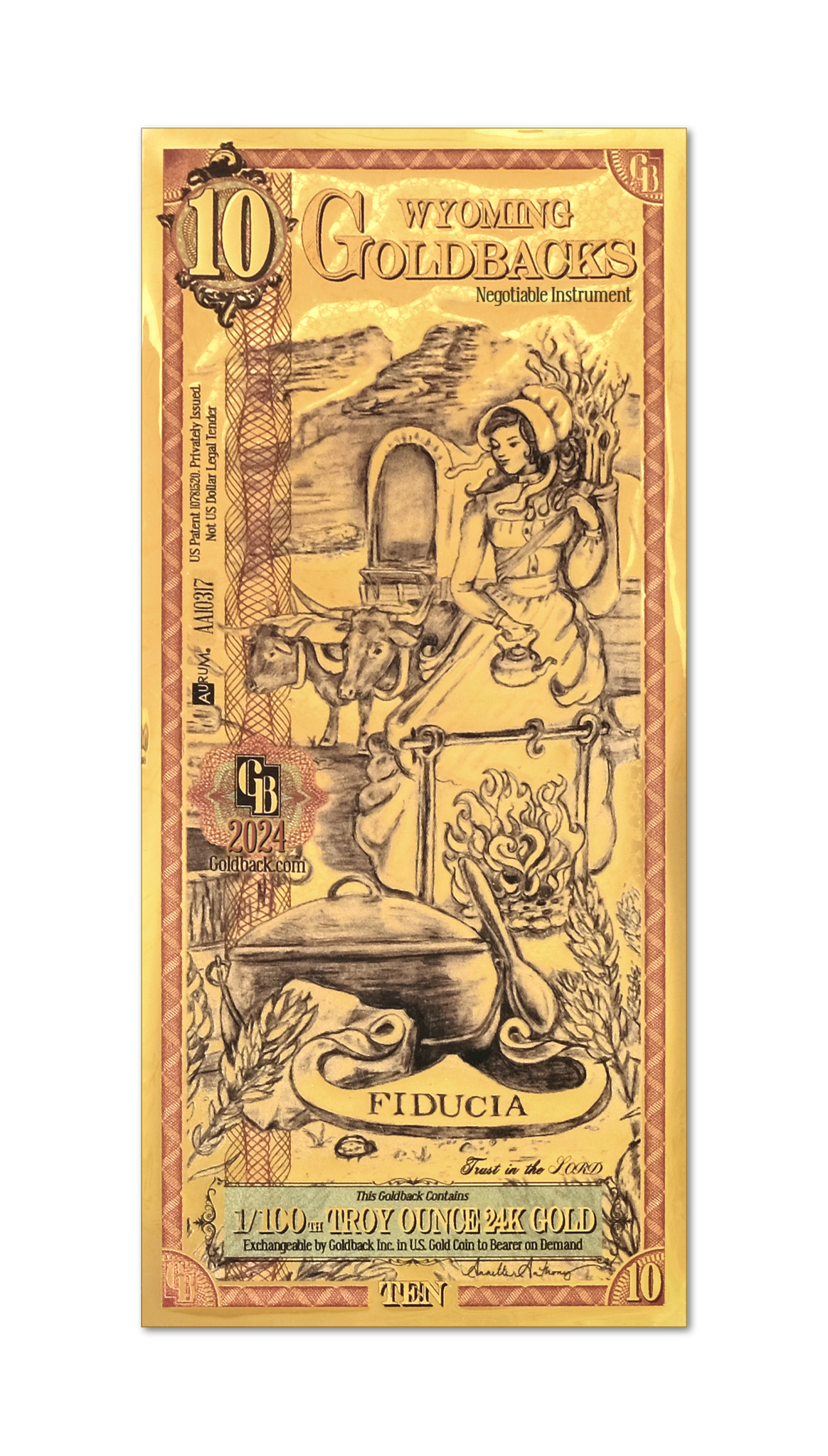 Wyoming 10 Goldback (Classic Artwork), 1/100 troy ounce 24k gold