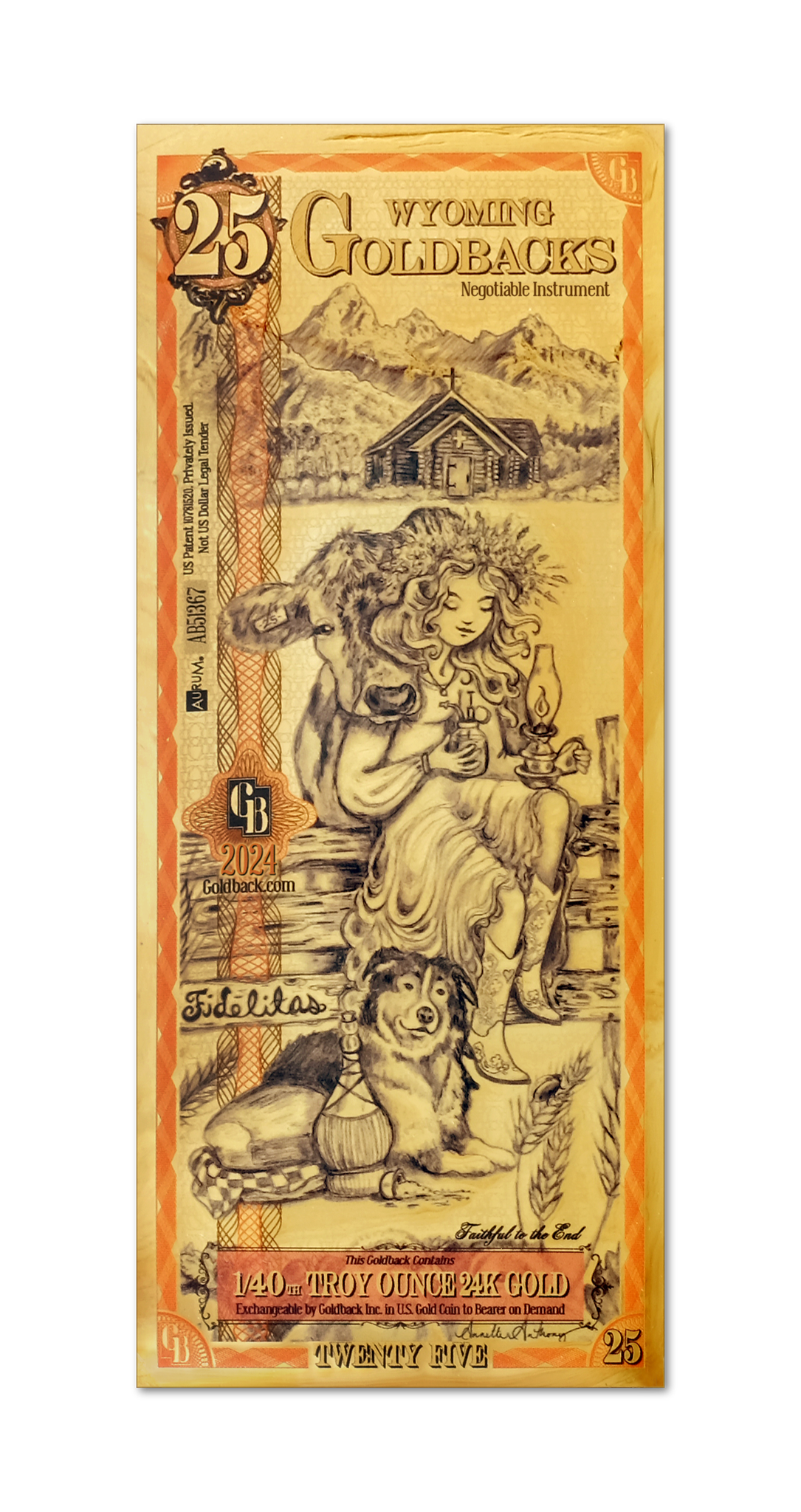 Wyoming 25 Goldback (Classic Artwork), 1/40 troy ounce 24k gold
