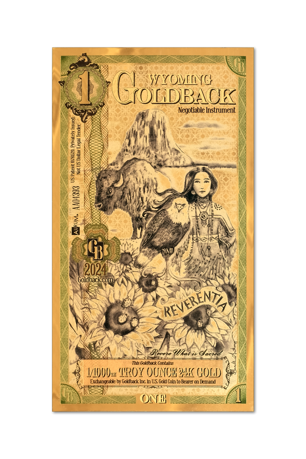 Wyoming 1 Goldback (Classic Artwork), 1/1000 troy ounce 24k gold
