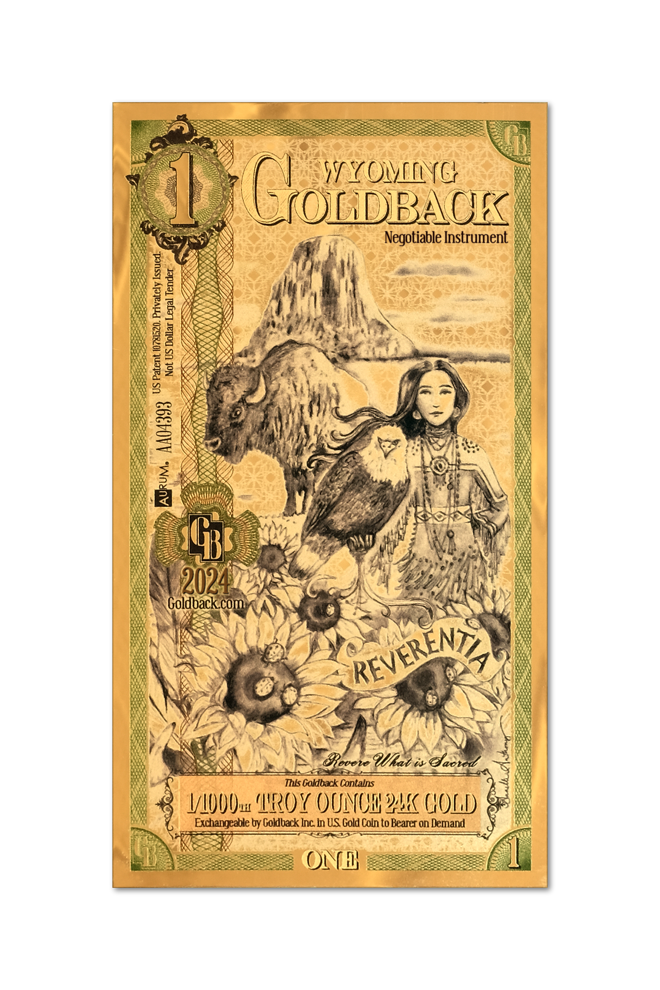 Wyoming 1 Goldback (Classic Artwork), 1/1000 troy ounce 24k gold