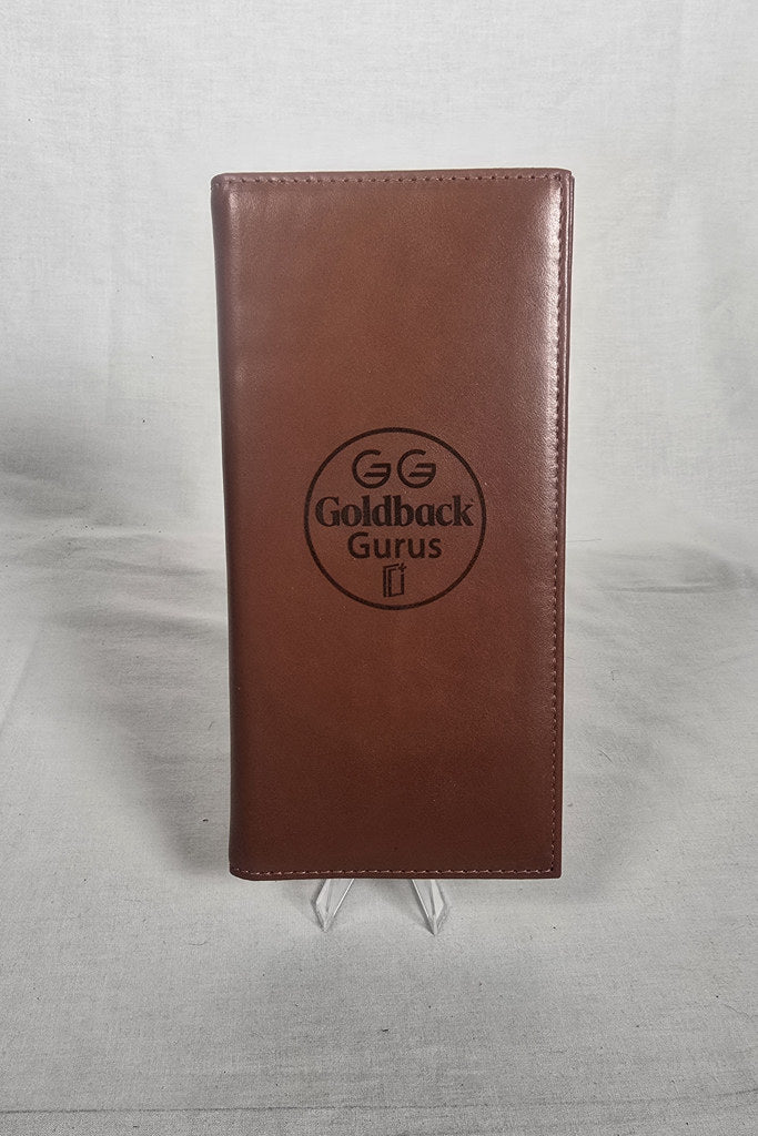 Brown leather Goldback wallet with custom Goldback Gurus logo engraving