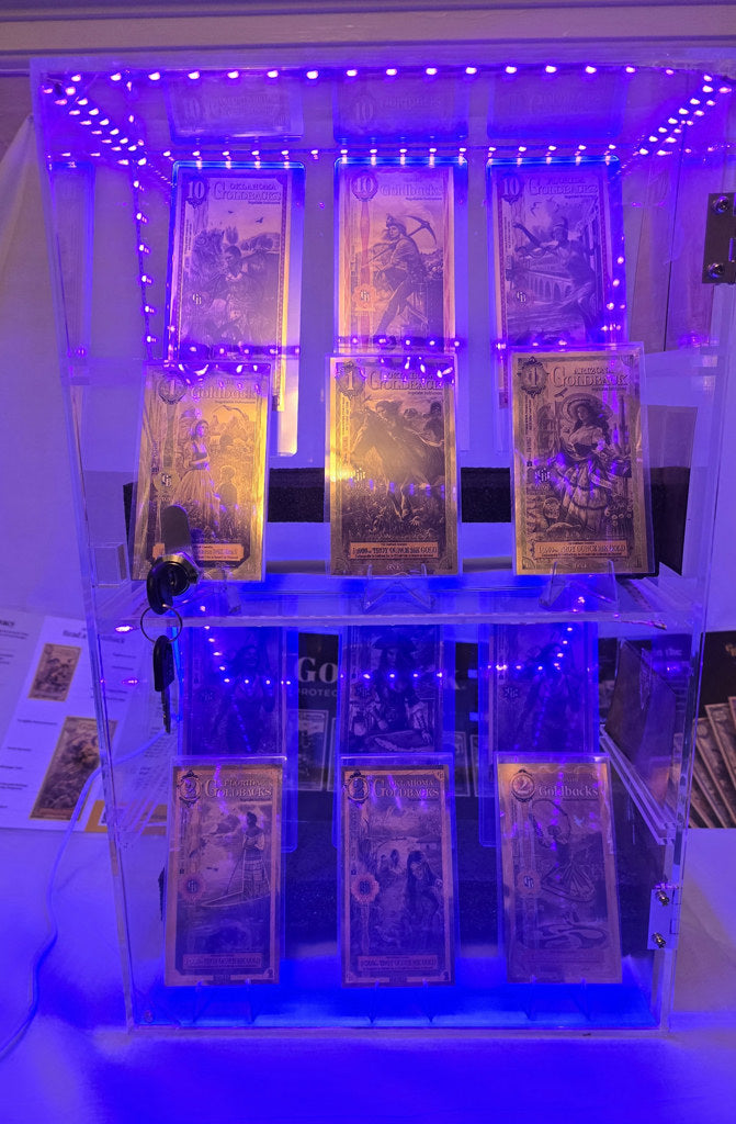Illuminated Goldback collector display case with LED lighting and lock