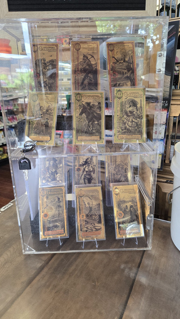 Goldback merchant display case filled with notes at a retail counter