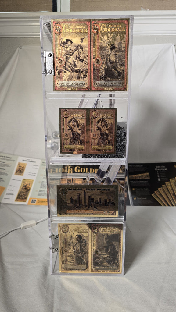 Horizontal Goldback display case showing Arizona and regional series notes