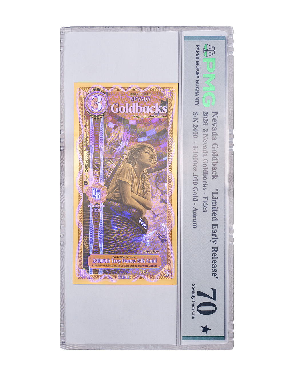 Limited Early Release Nevada 3 Goldback, front under UV light