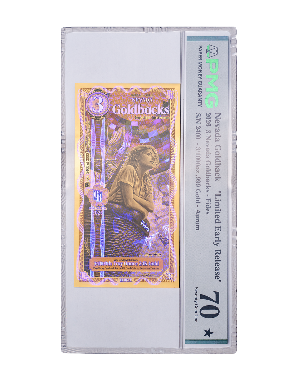 Limited Early Release Nevada 3 Goldback, front under UV light