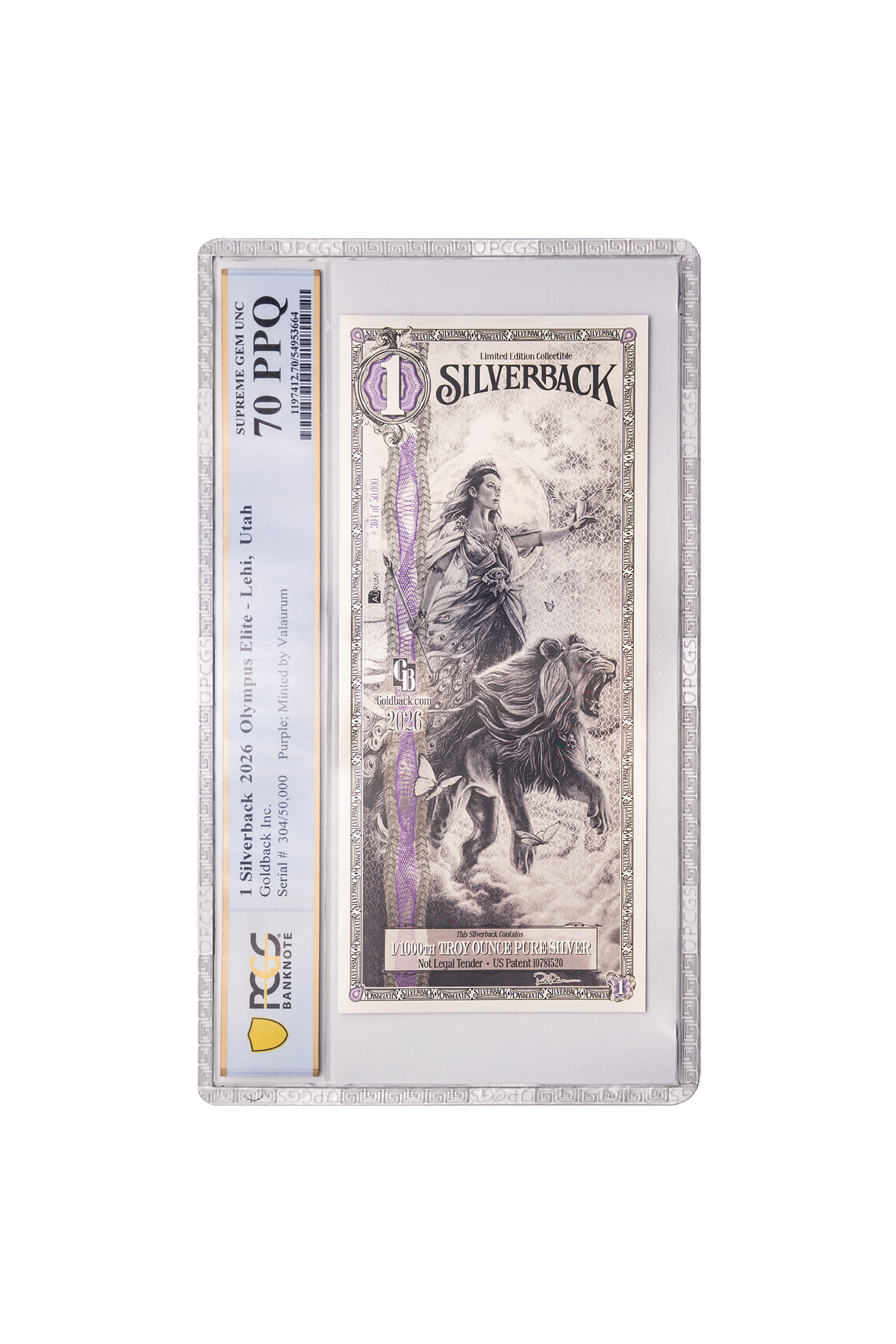 2026 Hera Silverback Elite in a PCGS Banknote 70 PPQ holder, purple border